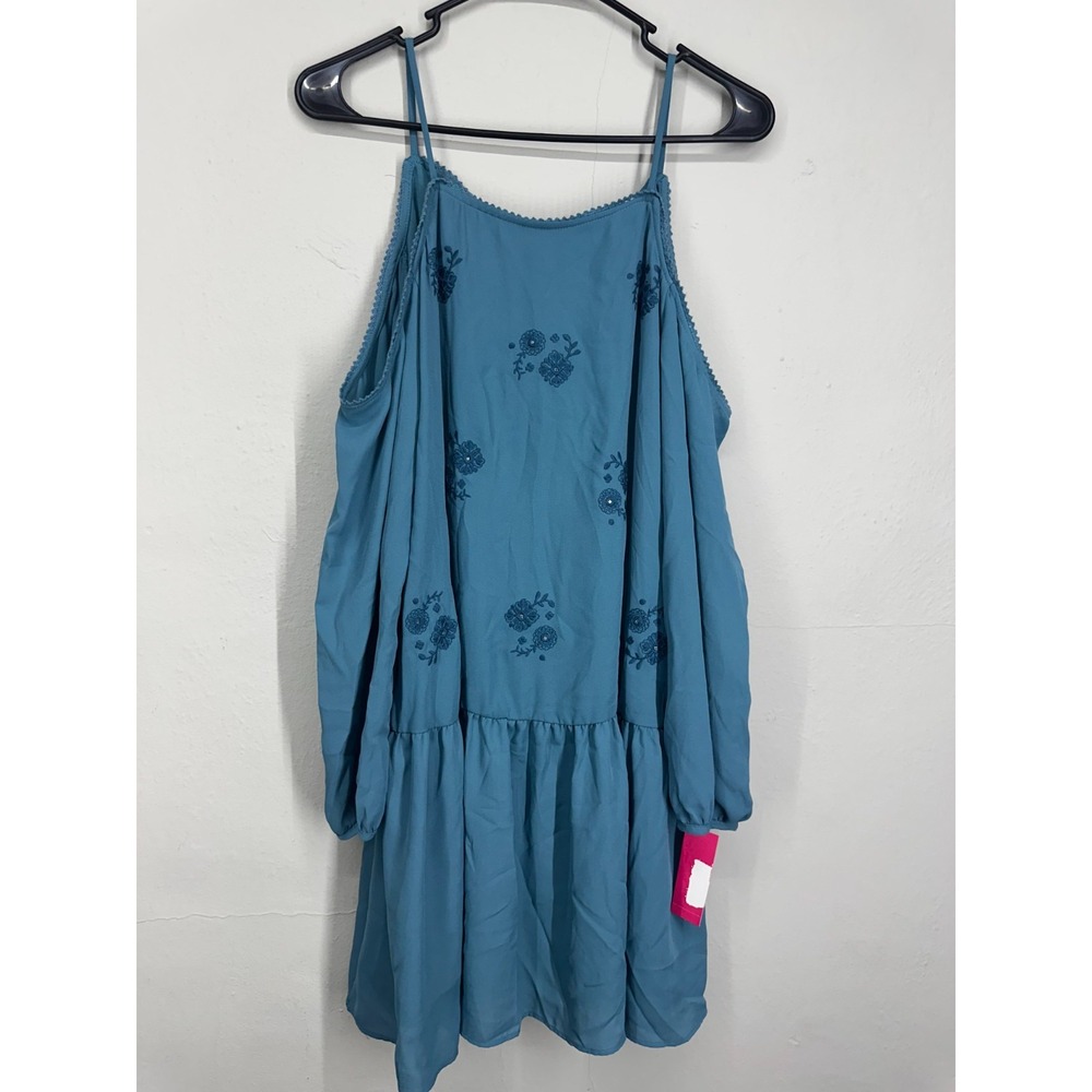 NWT Xhilaration Peasant Boho Dress SMALL Blue Cold Shoulder Embroidered Floral